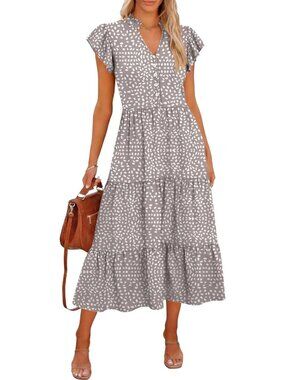 Caracilia Women's Khaki Polka Dot Grey Button Ruffle Sleeve Beach Midi DressMid